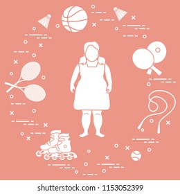 Fat girl, badminton rackets and shuttlecocks, tennis and basketball balls, rackets and balls for table tennis, jumping-rope, rollers. Sports and healthy lifestyle from childhood.