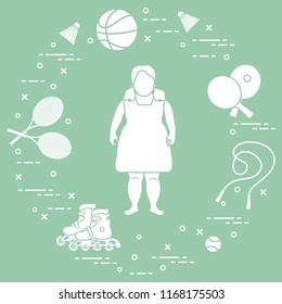 Fat girl, badminton rackets and shuttlecocks, tennis and basketball balls, rackets and balls for table tennis, jumping-rope, rollers. Sports and healthy lifestyle from childhood.