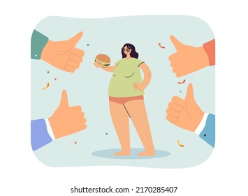 Fat girl with burger surrounded by thumbs up. Society approving body positive. Acceptance, overweight flat vector illustration. concept for banner, website design or landing web page