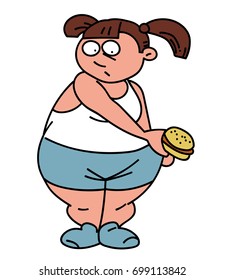 Fat girl cartoon hand drawn image. Original colorful artwork, comic childish style drawing.
