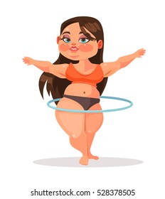 Fat girl character spinning hula hoop. Vector flat cartoon illustration