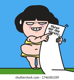 Fat Girl With Cheeky Face Holding A Long List Or Scroll Of Treats Concept Card Character illustration