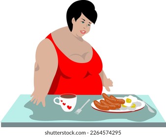 The fat girl does not follow a diet. She leads an unhealthy lifestyle. She has a big bowl of sausages and an omelette on the table. Cartoon.