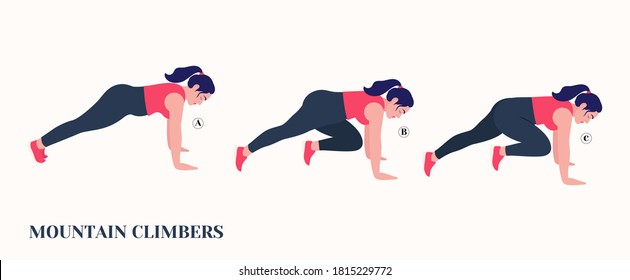 Fat Girl doing MOUNTAIN CLIMBERS exercise, Woman workout fitness, aerobic and exercises. Vector Illustration.	