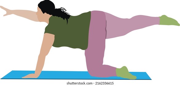 fat girl doing pilates at home with knee rest and hand balance