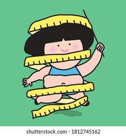 Fat Girl Doing Rhythmic Gymnastics With Tape Measure Ribbon Concept Card Character illustration