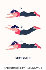 Fat Girl Doing Superman Exercise, Woman Workout Fitness, Aerobic And Exercises. Vector Illustration.	