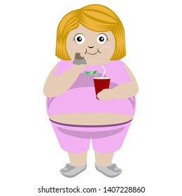 Fat girl eating a chocolate bar with a soda - Vector