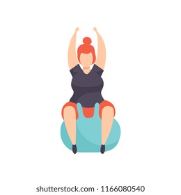 Fat girl exercising on a fitbal, obesity woman wearing sports uniform doing fitness exercise, weight loss program concept vector Illustration on a white background