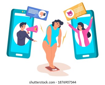 Fat girl experiencing body shaming on social media, flat vector illustration. Online body shaming, cyber bullying, social network harassment, mockery.