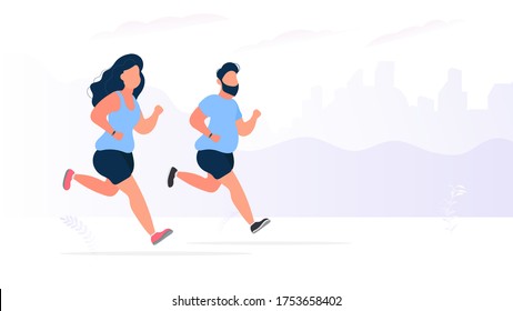 A fat girl and a guy are running around the park. Running fat woman and man on the street. The concept of losing weight and a healthy lifestyle. Vector.