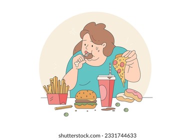 	
fat girl hungry and eat a junk food on the table, this image can use for pizza, hot dog, doughnut, hamburger, potatoes, fried, french fries and fat.Hand drawn style vector design illustration