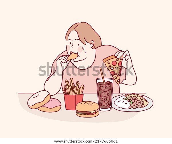 fat girl hungry and eat a junk food on the\
table, this image can use for pizza, hot dog, doughnut, hamburger,\
potatoes, fried, french fries and fat.Hand drawn style vector\
design illustration
