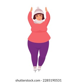 Fat girl ice skating. Obese woman skater, winter outdoor activity vector cartoon illustration