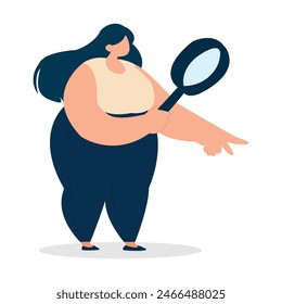 fat girl job hinting with magnifying glasses flat vector illustration on white background.