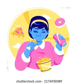 fat girl and junk food concept illustration