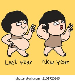 Fat Girl Last Year Versus Fit And Firm Girl On New Year Concept Card Character illustration