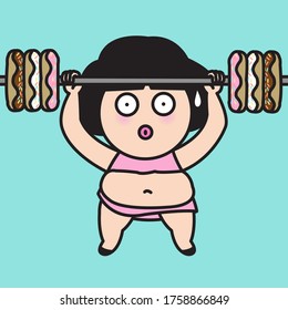 Fat Girl Lifting Donut Weights Concept Card Character illustration