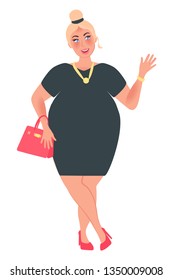 Fat girl model in plus size dress. Fashion large size. Vector illustration