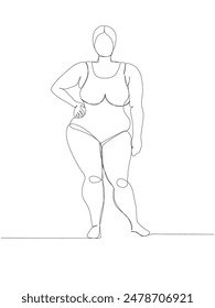 fat girl in a one-piece swimsuit one line art. Continuous line drawing of body positive, overweight, plus size model, XL, health, fashion, self acceptance.