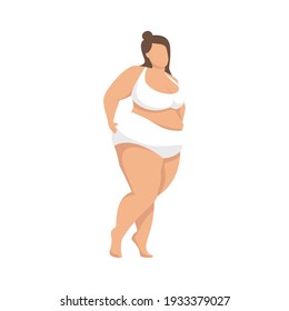 Fat girl posing in white underwear. Body positive, plus size woman in lingerie. For the design of lingerie and swimwear, bathing suits. Vector illustration.