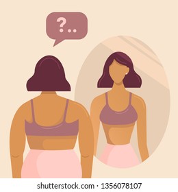 Fat girl and reflection her slim version in the mirror. Full woman does not know how to become thin. Women's dreams. Vector illustration, flat design. Female cartoon character with bubble  svg
