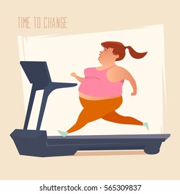 Fat girl is running. Motivation, sport concept, fitness, run, cartoon character, vector illustration