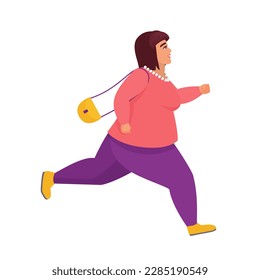 Fat girl running. Obese woman being in a hurry, plus size woman vector cartoon illustration