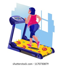 fat girl running on tradmill of pizza. weightloss concept- vector illustration