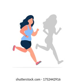 Fat girl is running. The shadow of a thin girl. Cardio workout, weight loss. The concept of weight loss and a healthy lifestyle. Vector.