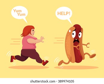 Fat girl is running. Vector flat cartoon illustration