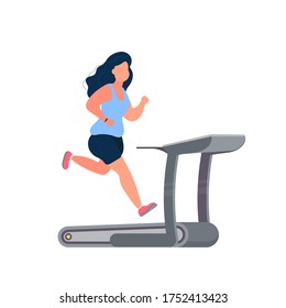 Fat girl runs on a treadmill. Running fat woman work out on the simulator. The concept of weight loss and a healthy lifestyle. Isolated. Vector
