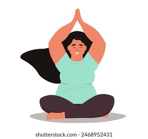 A fat girl sits in the lotus position, doing exercises and asana. Overweight woman relaxes. Vector graphics.