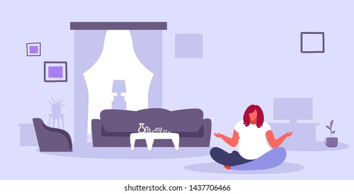 fat girl sitting lotus pose on floor obese over weight woman keeping calm yoga meditation concept modern living room interior sketch doodle horizontal