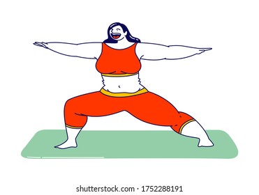 Fat Girl in Sports Wear Engage Fitness or Yoga Activity Isolated on White Background. Overweight Woman Character Healthy Sport Life Aerobics Pilates Workout Training Class. Linear Vector Illustration
