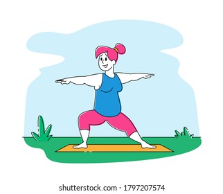 Fat Girl in Sports Wear Engage Fitness or Yoga Activity on Outdoors Nature Background. Overweight Woman Character Healthy Sport Life Aerobics Pilates Workout Training Class. Linear Vector Illustration