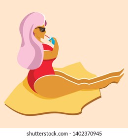 fat girl sunbathes on the beach and drinks lemonade