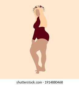 fat girl in a swimsuit,
blonde, burgundy, piece swimsuit, body positive, wreath on the head