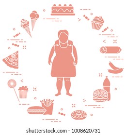 Fat girl with unhealthy lifestyle symbols around her. Harmful eating habits. Design for banner and print.