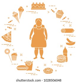 Fat girl with unhealthy lifestyle symbols around her. Harmful eating habits. Design for banner and print.