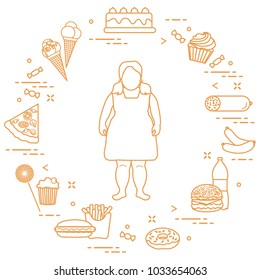 Fat girl with unhealthy lifestyle symbols around her. Harmful eating habits. Design for banner and print.