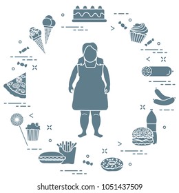 Fat girl with unhealthy lifestyle symbols around her. Harmful eating habits. Design for banner and print.