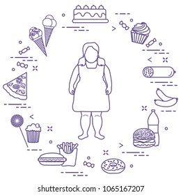 Fat girl with unhealthy lifestyle symbols around her. Harmful eating habits. Design for banner and print.