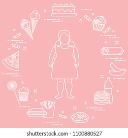 Fat girl with unhealthy lifestyle symbols around her. Harmful eating habits. Design for banner and print.