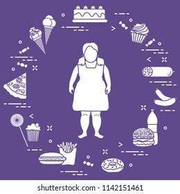 Fat girl with unhealthy lifestyle symbols around her. Harmful eating habits. Design for banner and print.