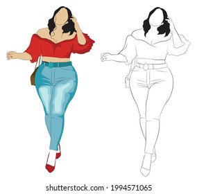 Fat Girl Walking On The Road, Vector Illustration Of A Woman, Line Art Of Fatty Lady