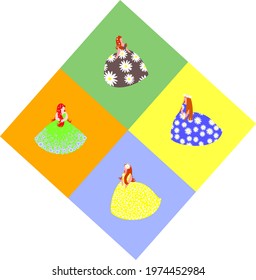 Fat girls in long puffy dresses with daisies and ornaments.