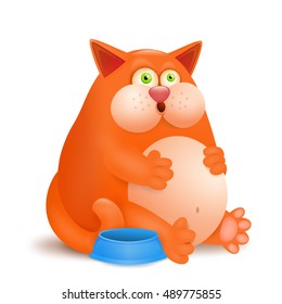 Fat glutton ginger cat with empty bowl on white background. Vector illustration