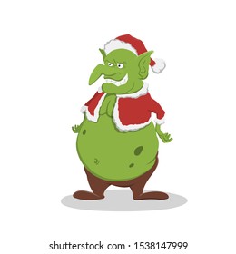 Fat goblin in christmas hat. Green troll in cartoon style. Fantasy monster in santa cotume. Standing gremlin. Vector illstration