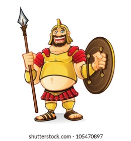 fat goliath cartoon was laughing fun while holding a spear and a shield with a visible navel
